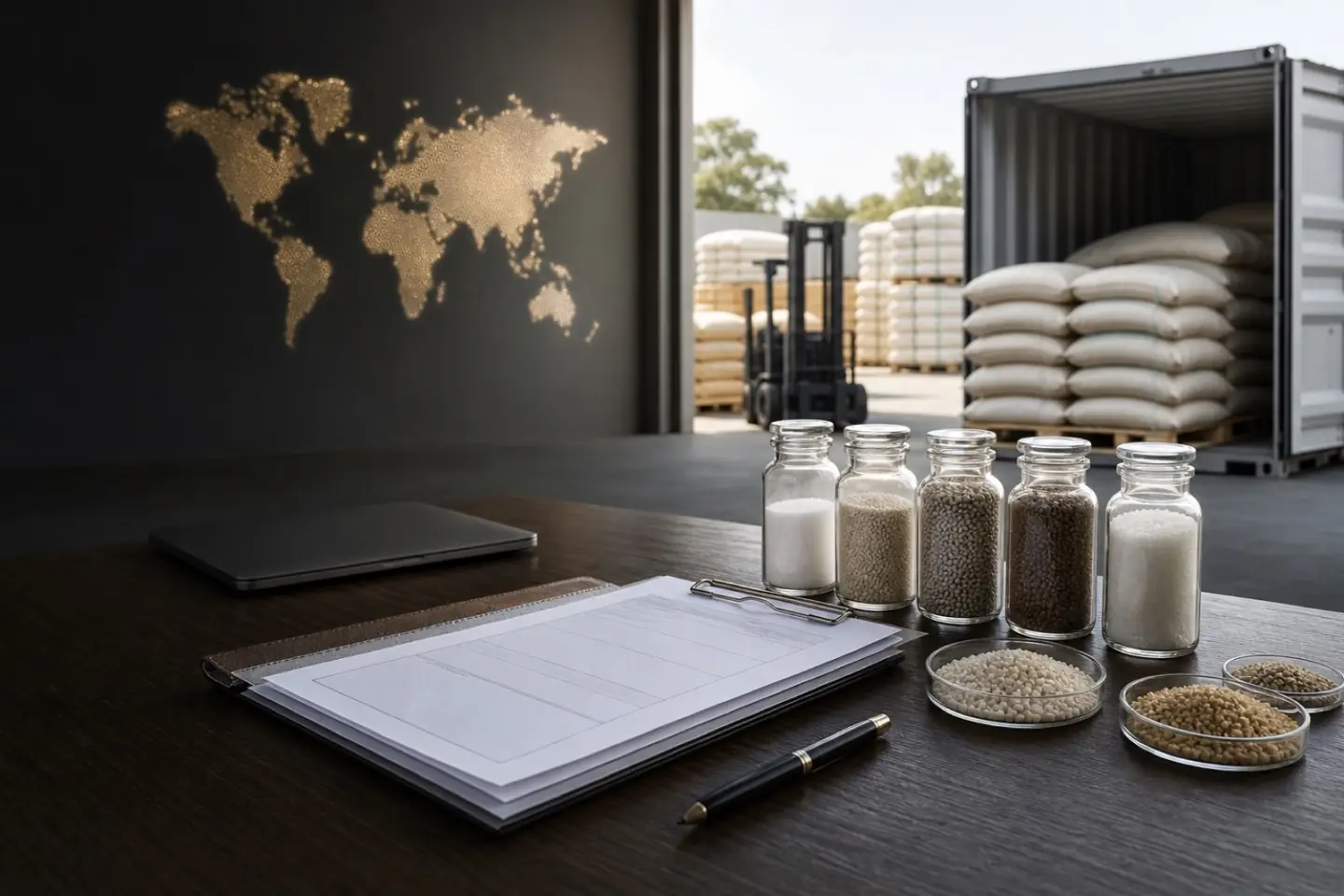 Export inquiry desk with micronutrient samples, documents, and packed fertilizer bags