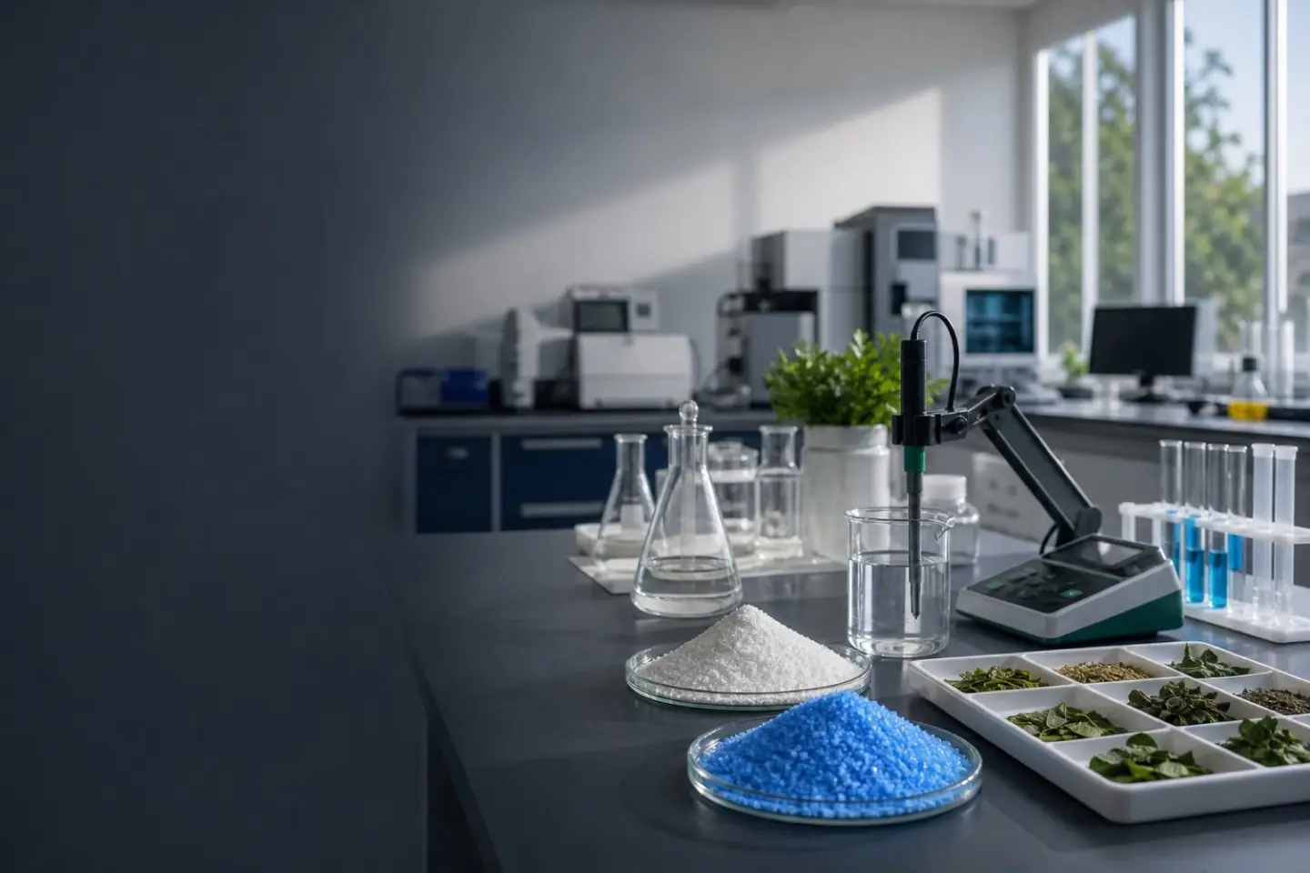 Micronutrient fertilizer laboratory quality control with samples and equipment