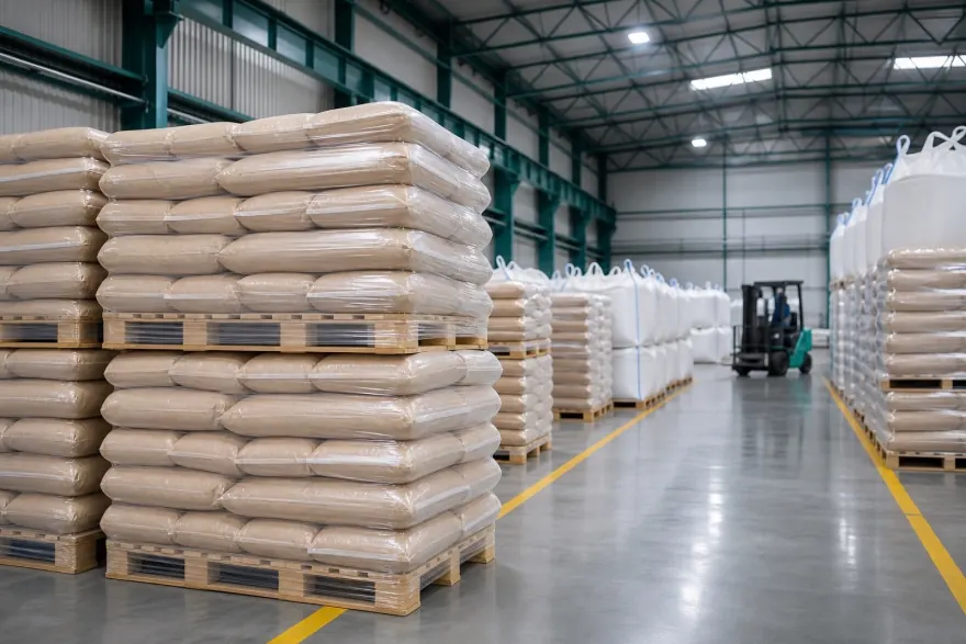 Palletized fertilizer bags in warehouse